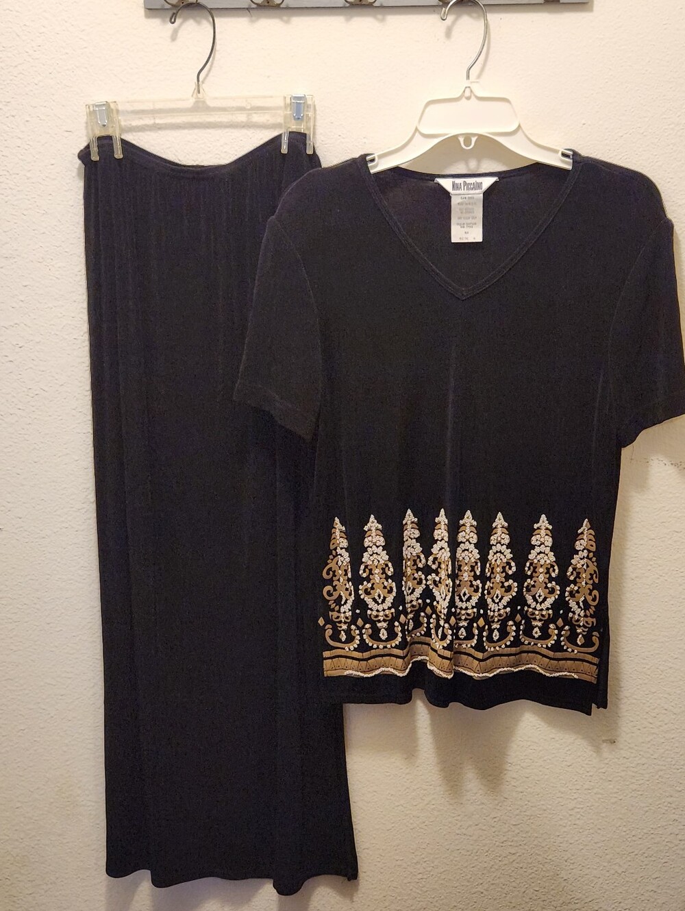 Nina Piccalino Black V-Neck Top and Skirt Set with Gold Embellishment